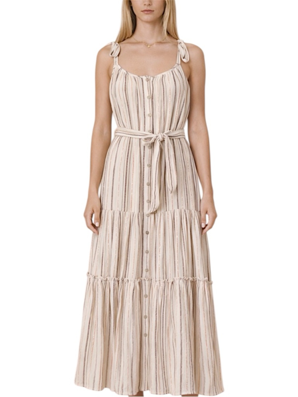 Veronica Beard Stripe Maxi Dress Tie Strap Button Front Neutral Metallic Size 12